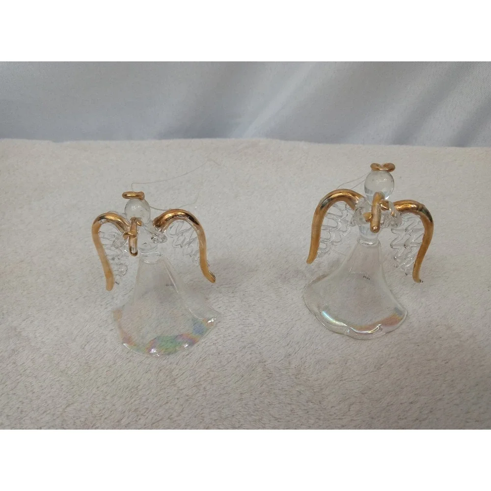 Lot of 2 Avon Glass Angel Ornaments Vintage Gold Trim Iridescent Christmas w/ Bo